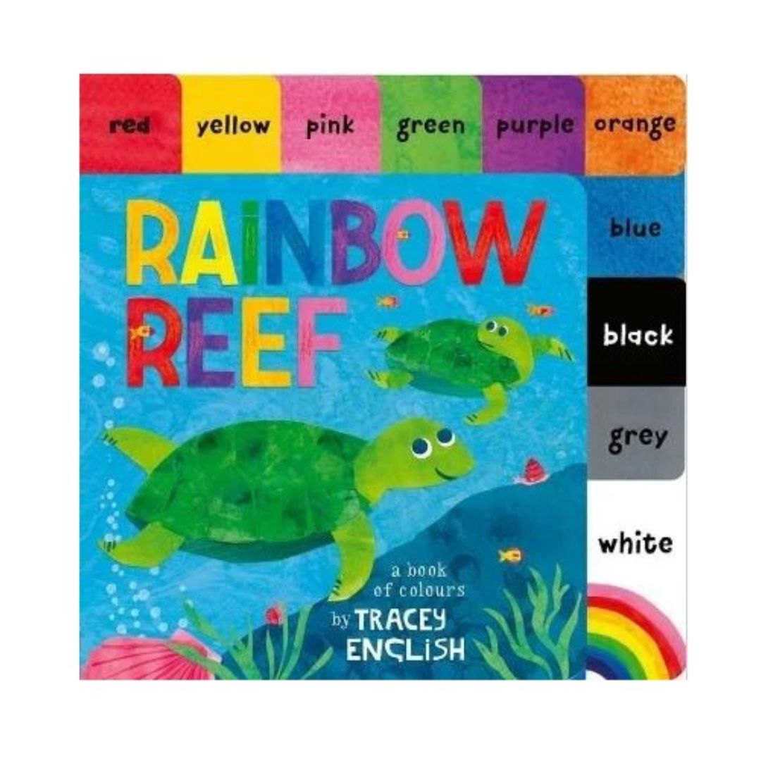 Book cover of 'Rainbow Reef' with turtles and colourful tabs | Available at Bear & Moo