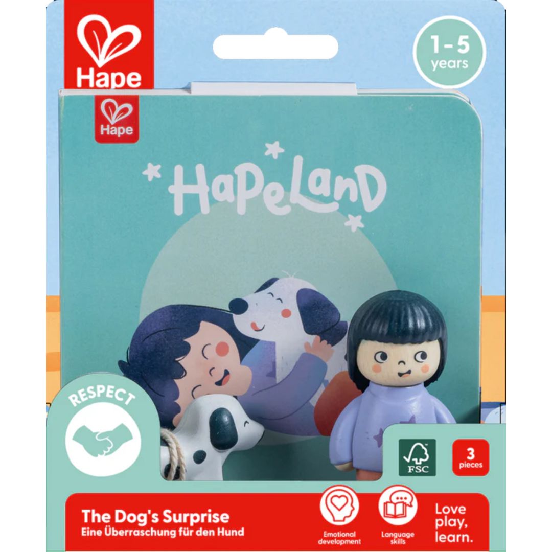 Hape Land | The Dog's Surprise Board Book & Toy figurines available at Bear & Moo