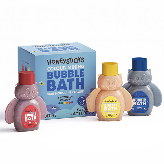 Honeysticks bubble bath bottles with a box on a white background