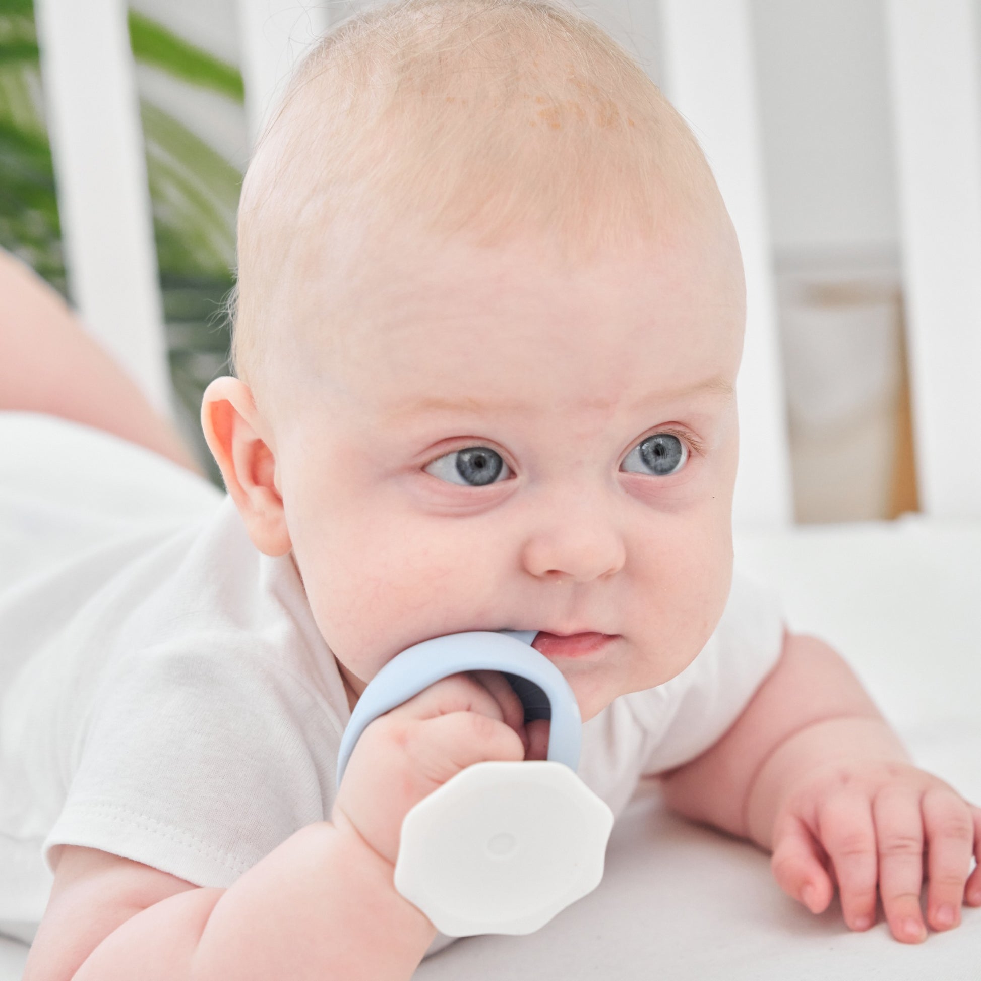 Mombella Mushroom Teether in Light Blue available at Bear & Moo