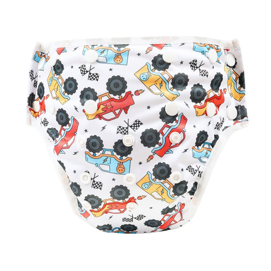Bear & Moo Reusable Swim Nappy | Demolition Derby print
