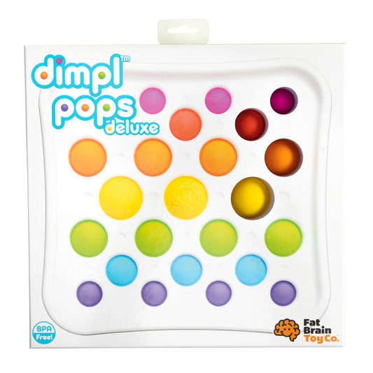 Packaging of dimpl pops deluxe with colourful dots and Fat Brain Toy Co branding.