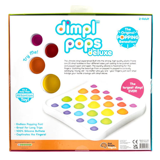 Box of dimpl pops deluxe with colorful buttons and text on a white background