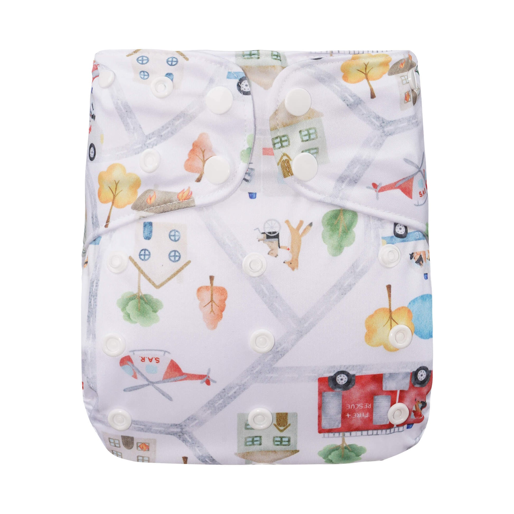Large Reusable Cloth Nappy by Bear & Moo in Emergency Village print
