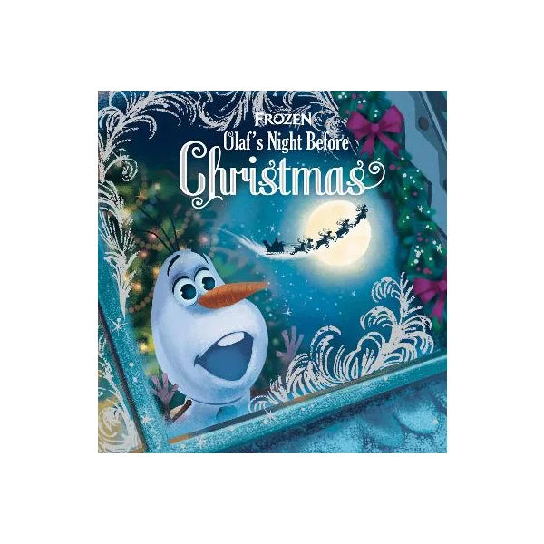 Book cover of 'Frozen: Olaf's Night Before Christmas' with a snowy scene and Olaf the Snowman.