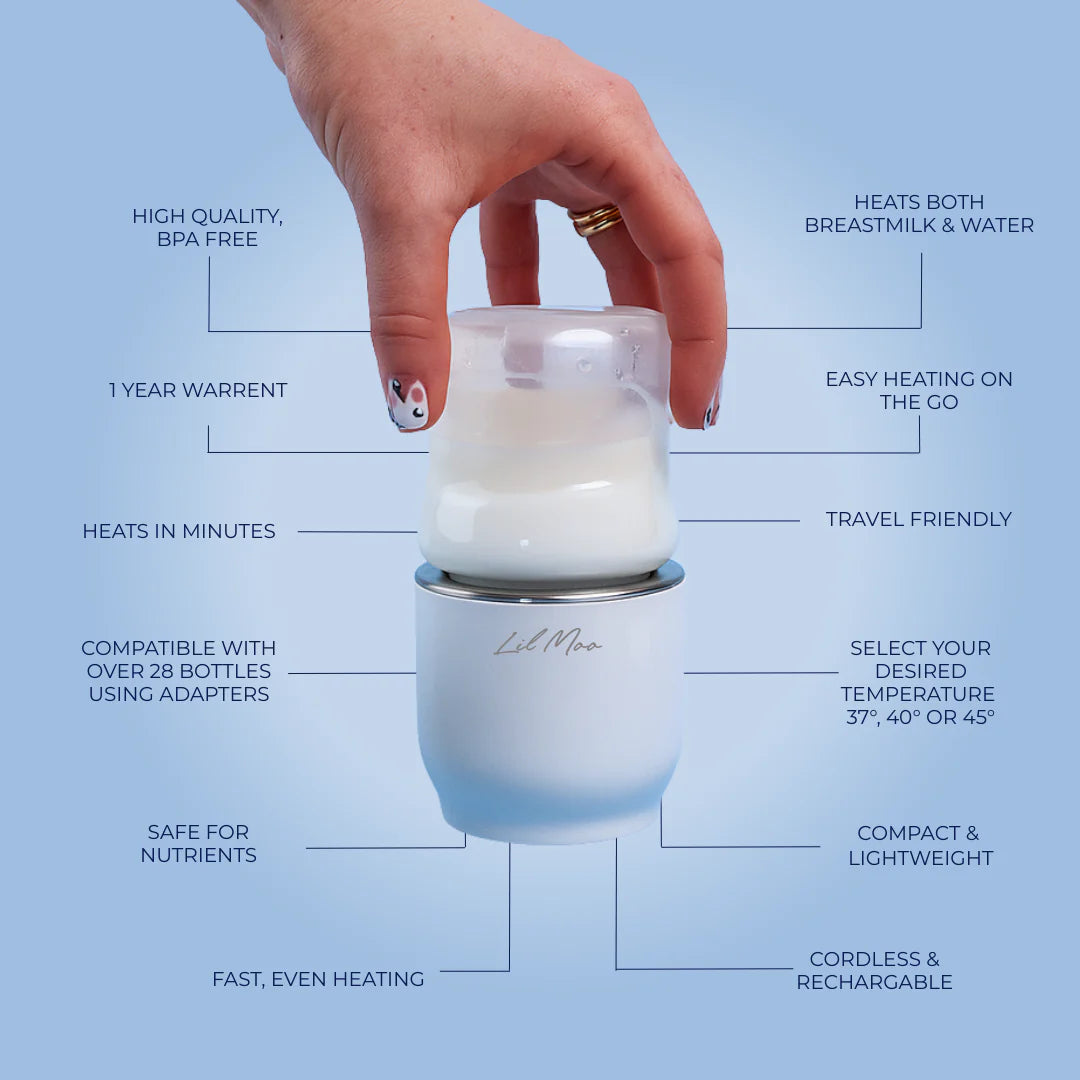 Hand holding a milk heating device with features listed on a blue background