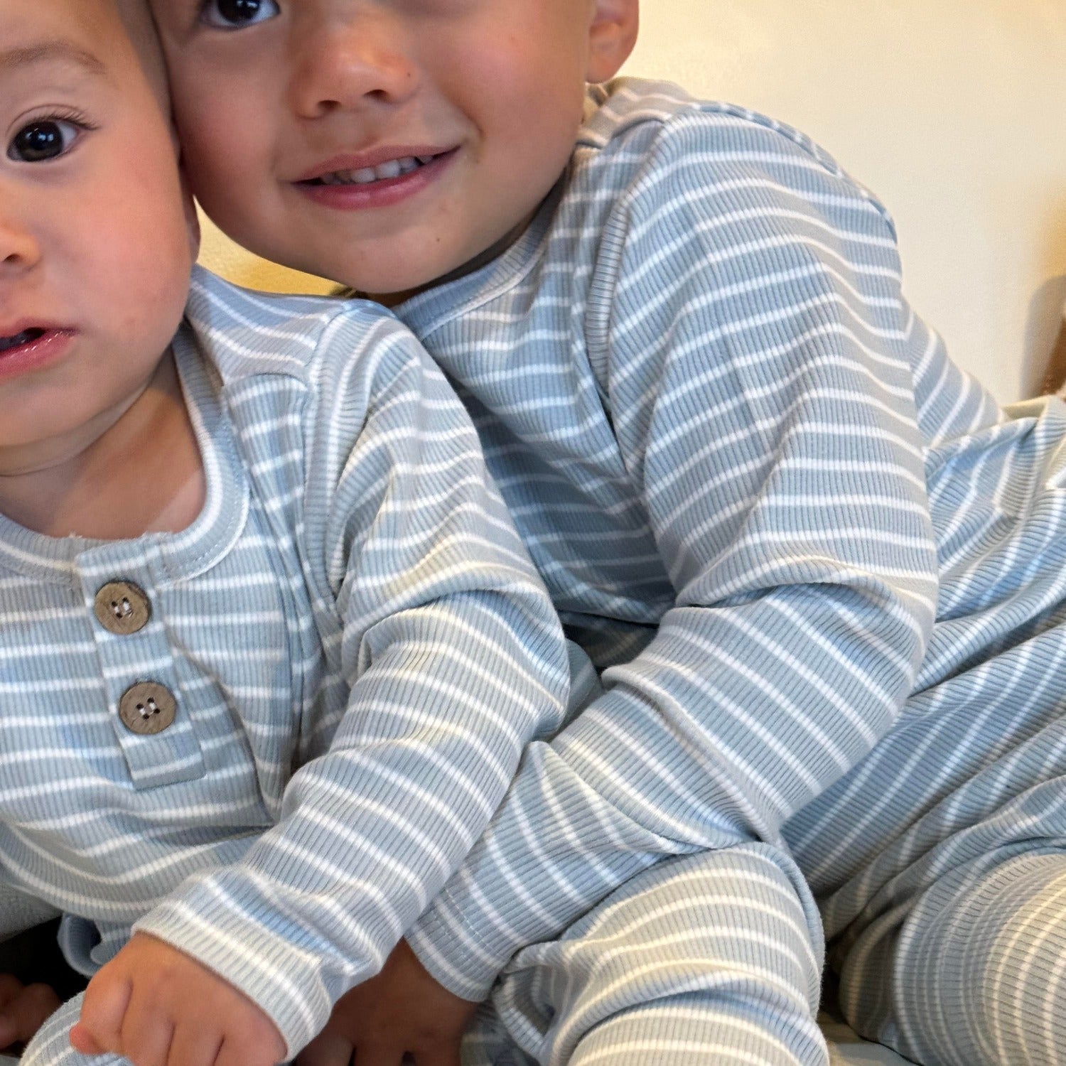 Hello Poppet Ribbed Pyjamas in Blue + White available at Bear & Moo