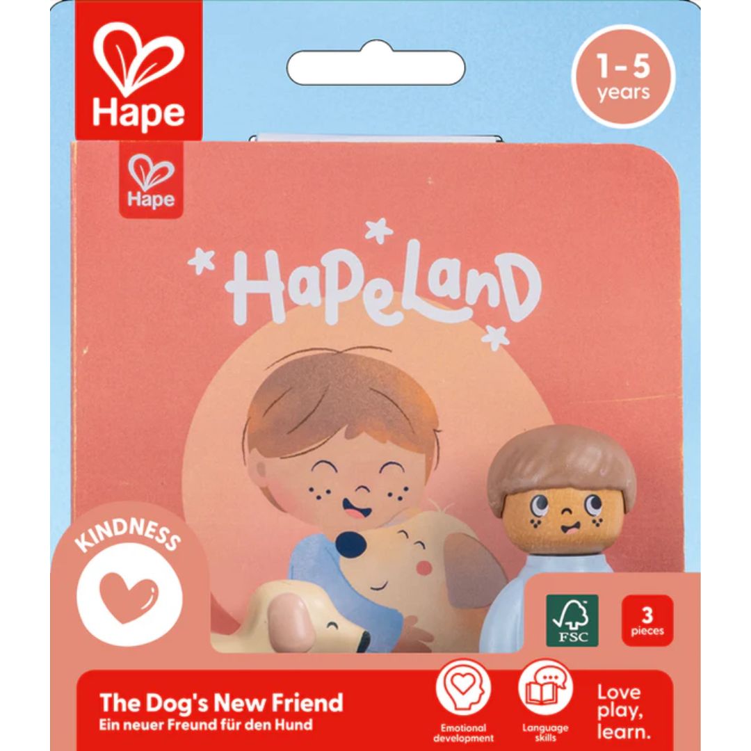 Hape Land | The Dog's New Friend Board Book & Toy figurines available at Bear & Moo