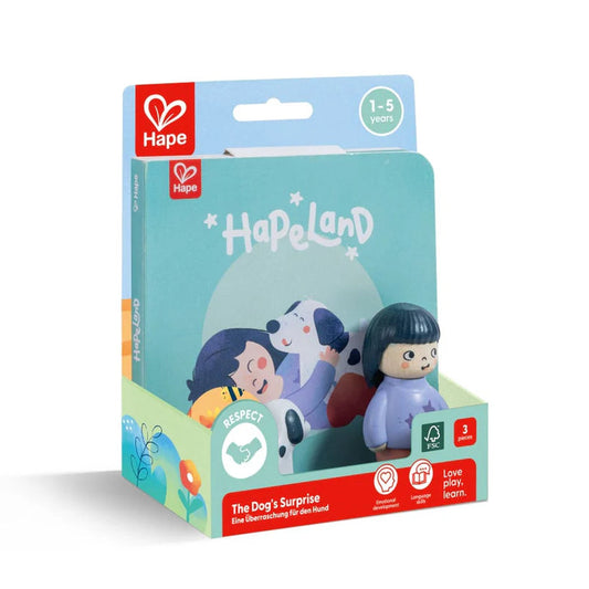 Hape Land | The Dog's Surprise Board Book & Toy figurines available at Bear & Moo