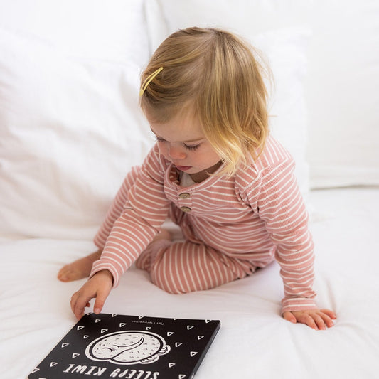 Hello Poppet Ribbed Pyjamas in Pink + White available at Bear & Moo