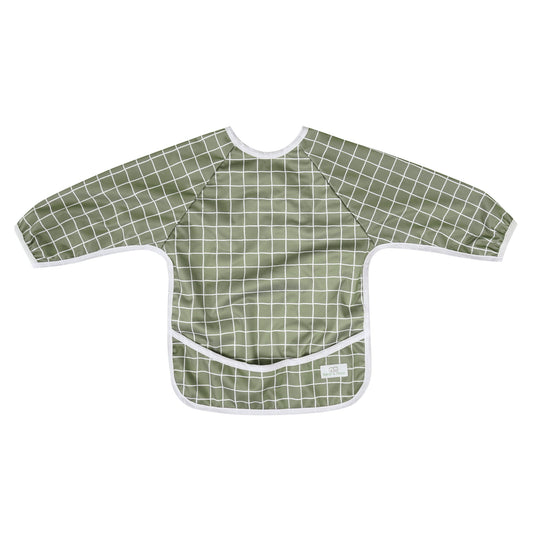 Bear & Moo Sleeved Bib | Waterproof Reusable Bib | Khaki Gingham print