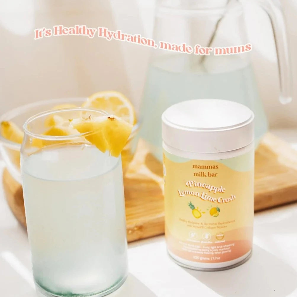 Mammas Milk Bar Pineapple Lemon & Lime Crush Hydration Electrolyte Drink with Verisol® Collagen available at Bear & Moo