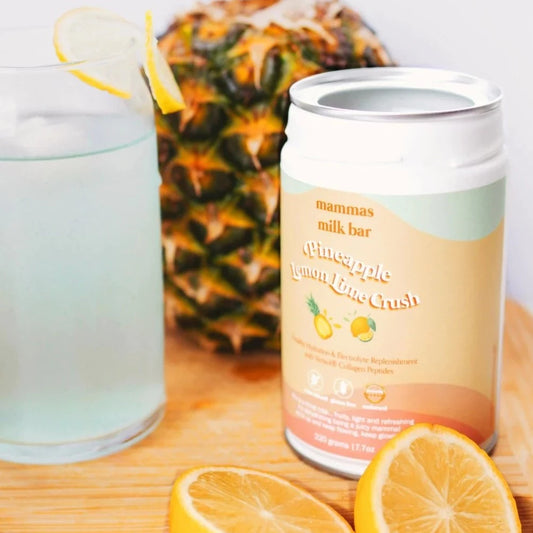 Mammas Milk Bar Pineapple Lemon & Lime Crush Hydration Electrolyte Drink with Verisol® Collagen available at Bear & Moo