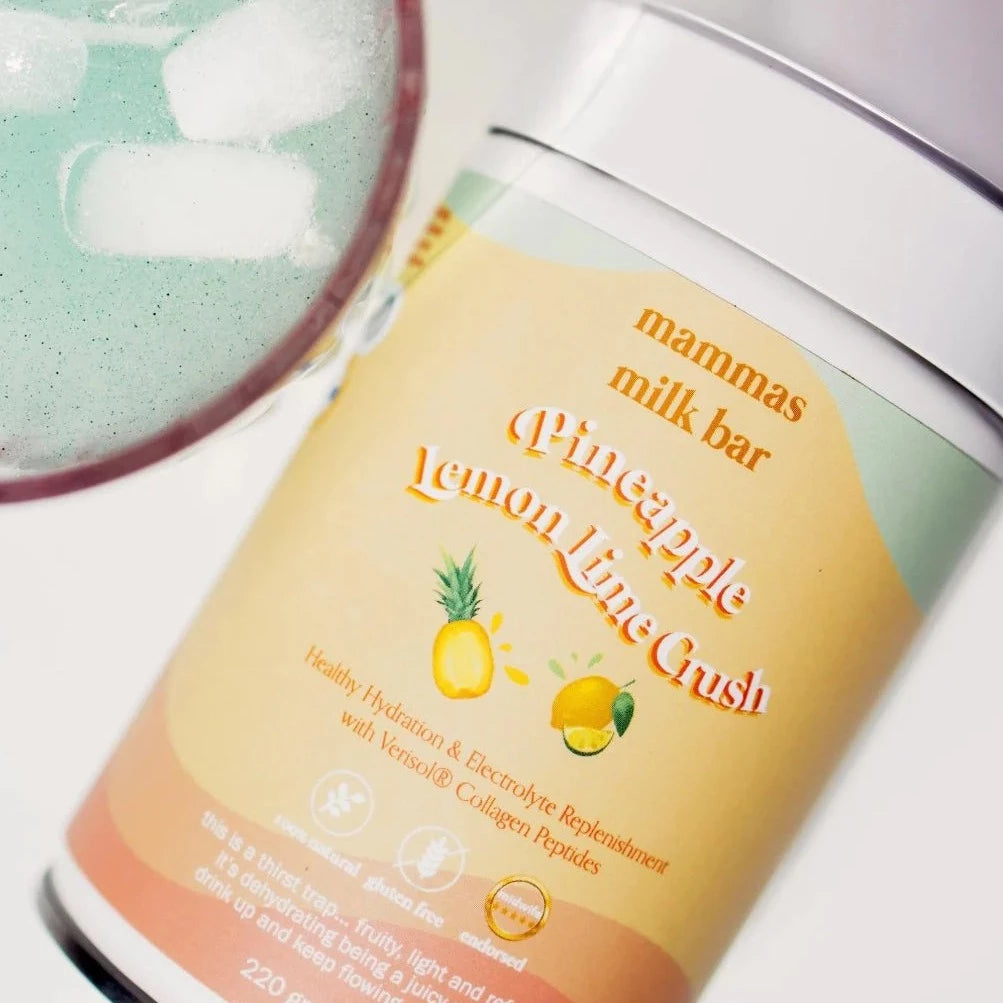 Mammas Milk Bar Pineapple Lemon & Lime Crush Hydration Electrolyte Drink with Verisol® Collagen available at Bear & Moo