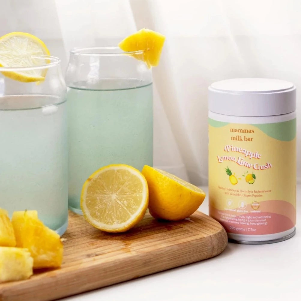 Mammas Milk Bar Pineapple Lemon & Lime Crush Hydration Electrolyte Drink with Verisol® Collagen available at Bear & Moo