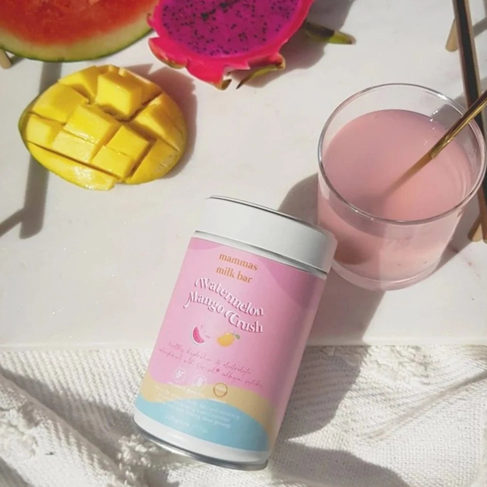 Watermelon Mango Crush Hydration Electrolyte Drink with Verisol® Collagen available at Bear & Moo