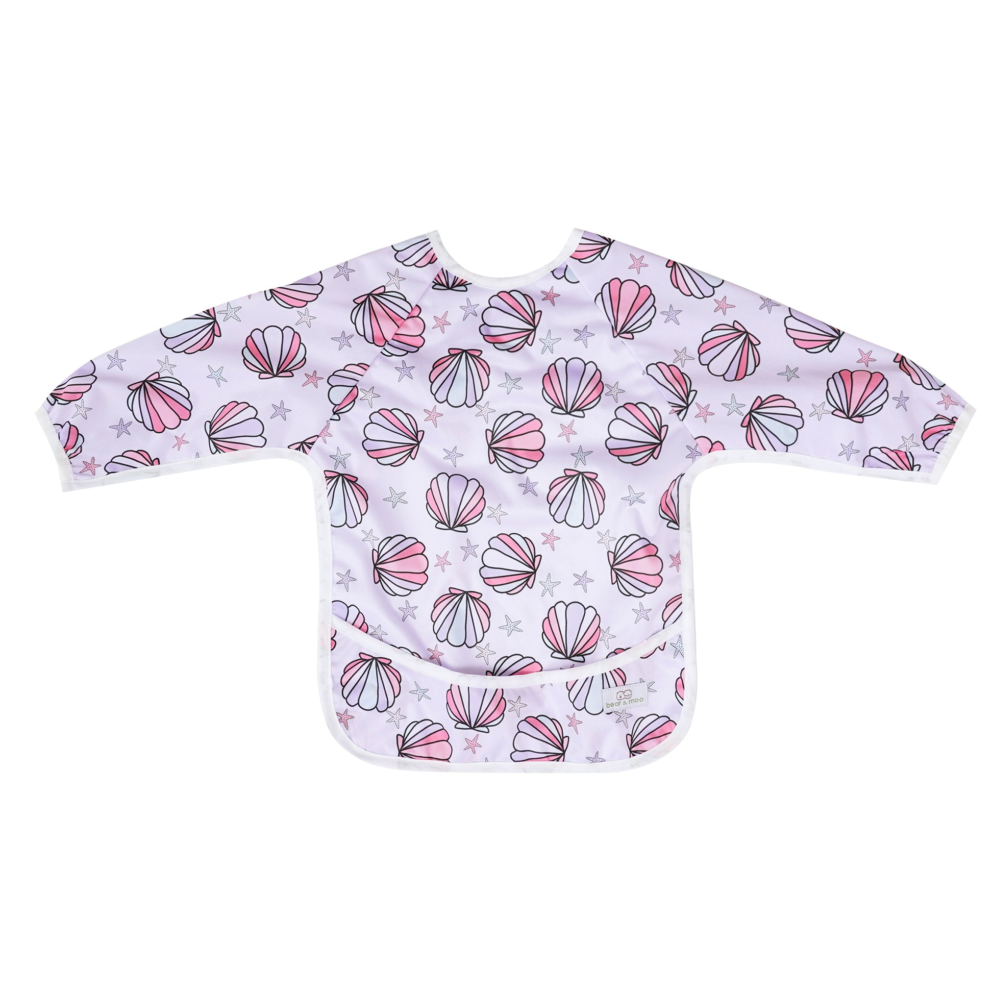 Bear & Moo Sleeved Bib | Waterproof Reusable Bib | Mermaid Shells print