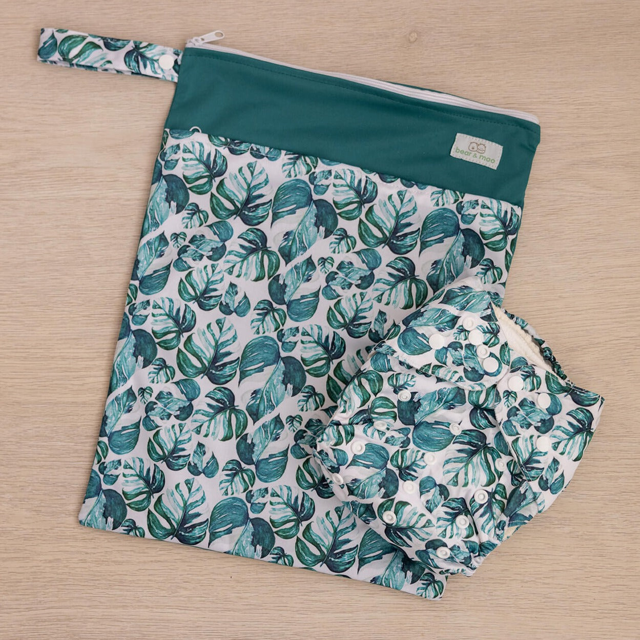 Bear & Moo Reusable Cloth Nappy in Monstera print with Large Reusable Waterproof Wet Bag