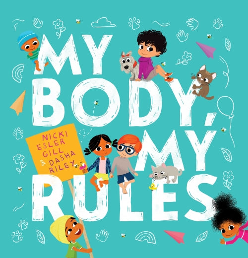 Book cover of 'My Body, My Rules' with children and animals on a teal background