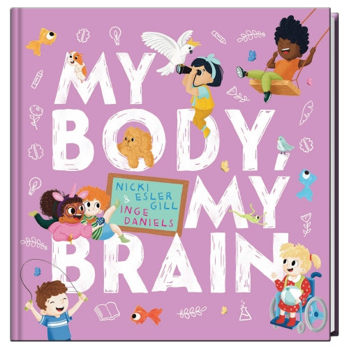 Book cover of 'My Body My Brain' with colorful illustrations on a purple background