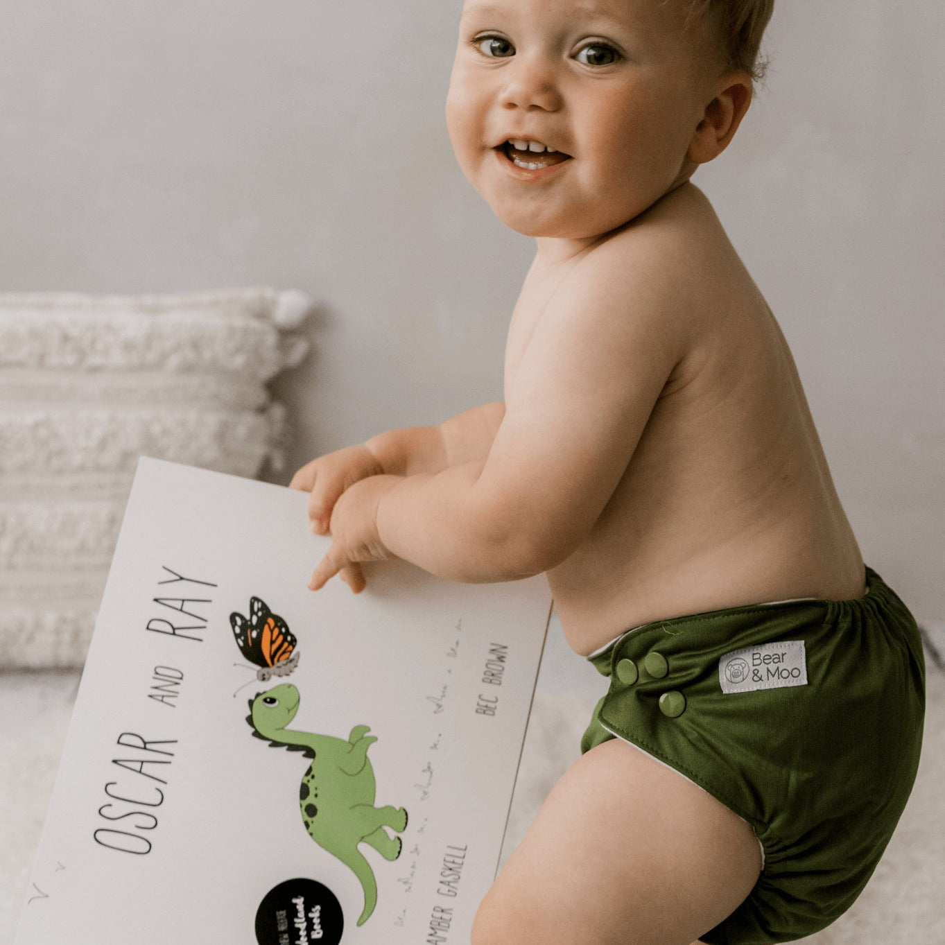 One Size Fits Most Reusable Cloth Nappy in Olive by Bear and Moo