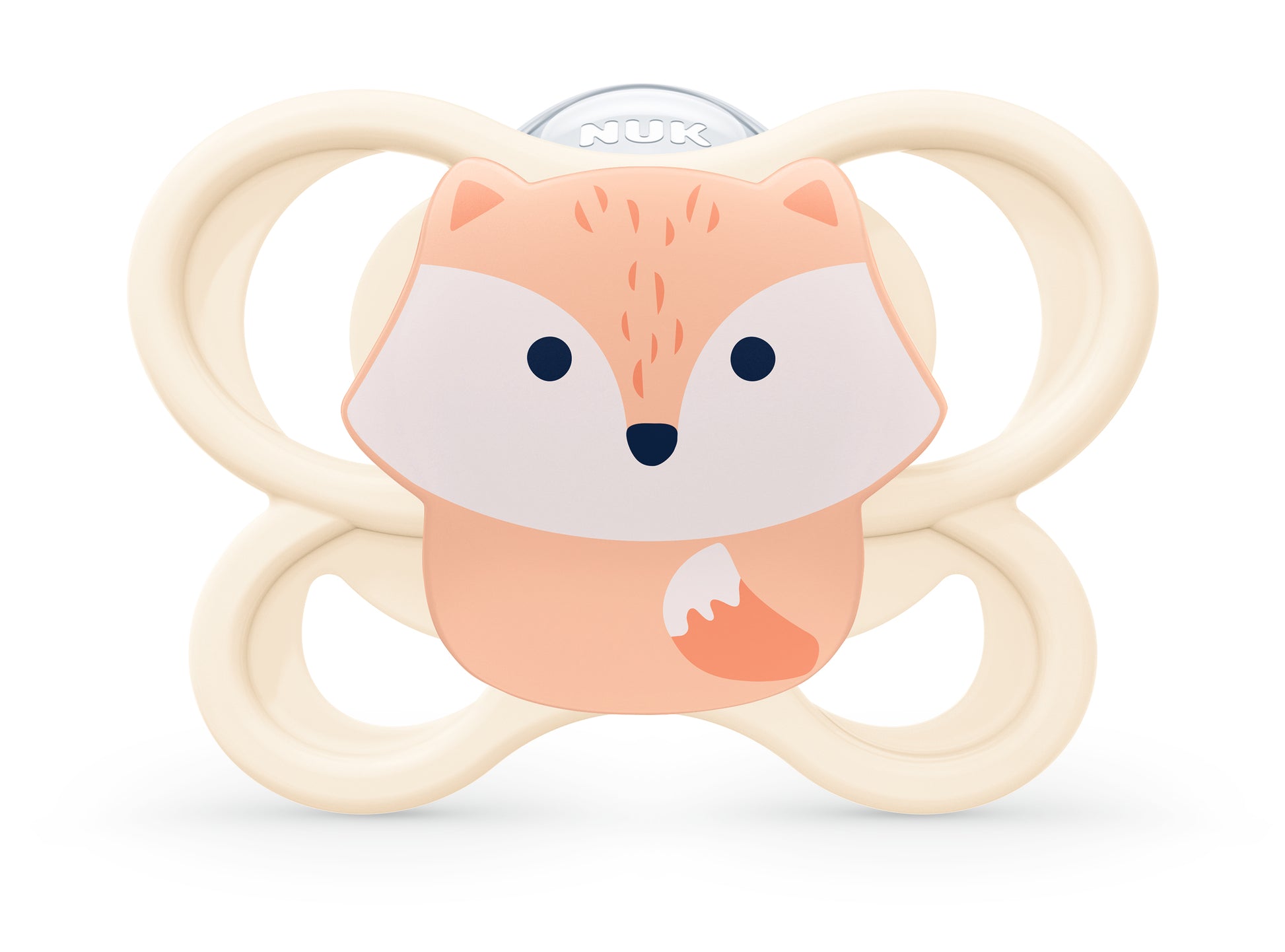 Fox-shaped baby teether on a white background