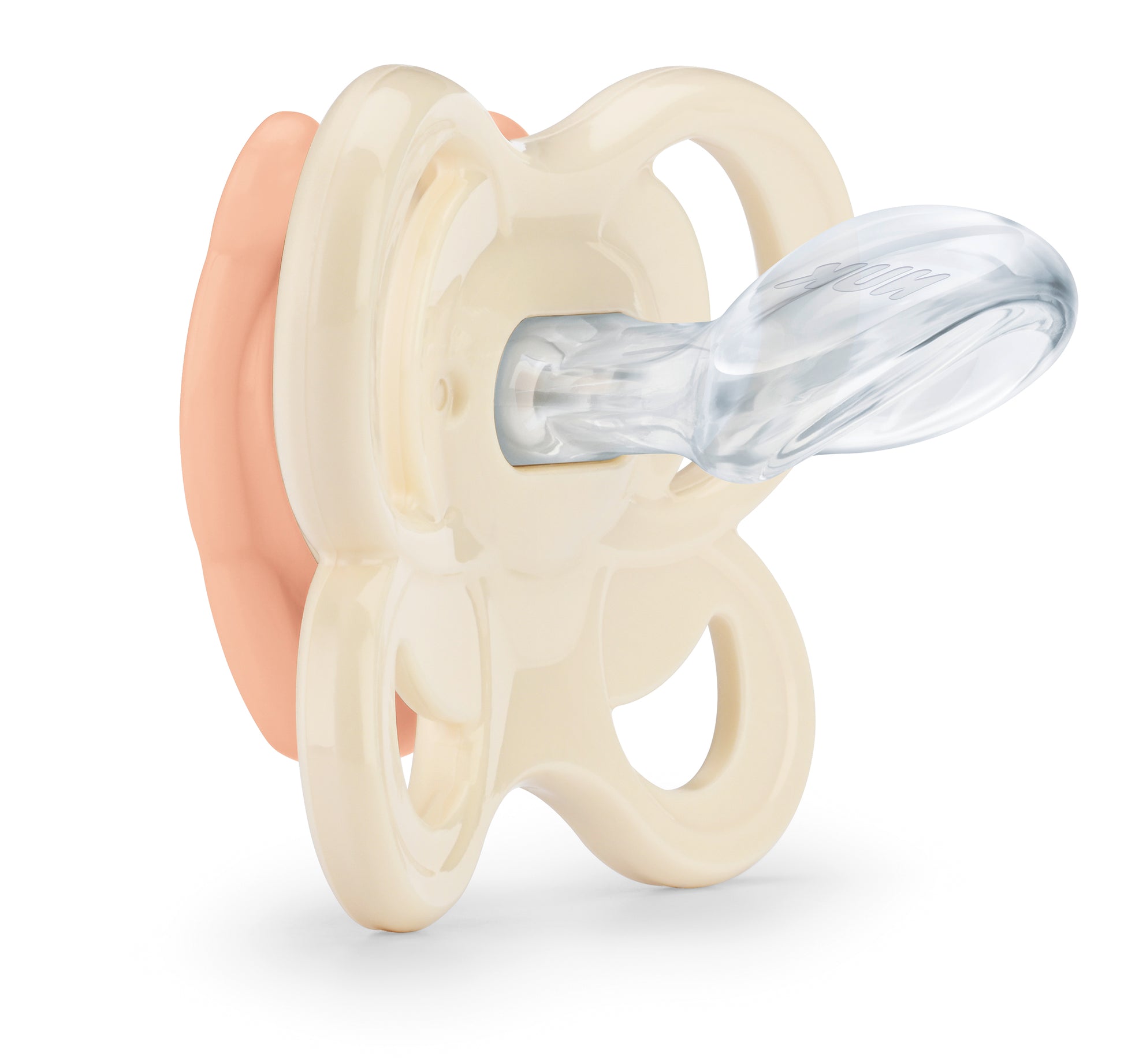 Baby pacifier with beige and clear parts on a white background
