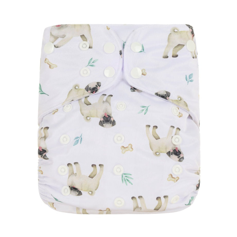 Bear & Moo Luxe Reusable Cloth Nappy in Pugs | Bamboo and Hemp Liners