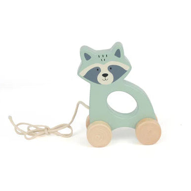 Wooden raccoon pull toy with a string on a white background
