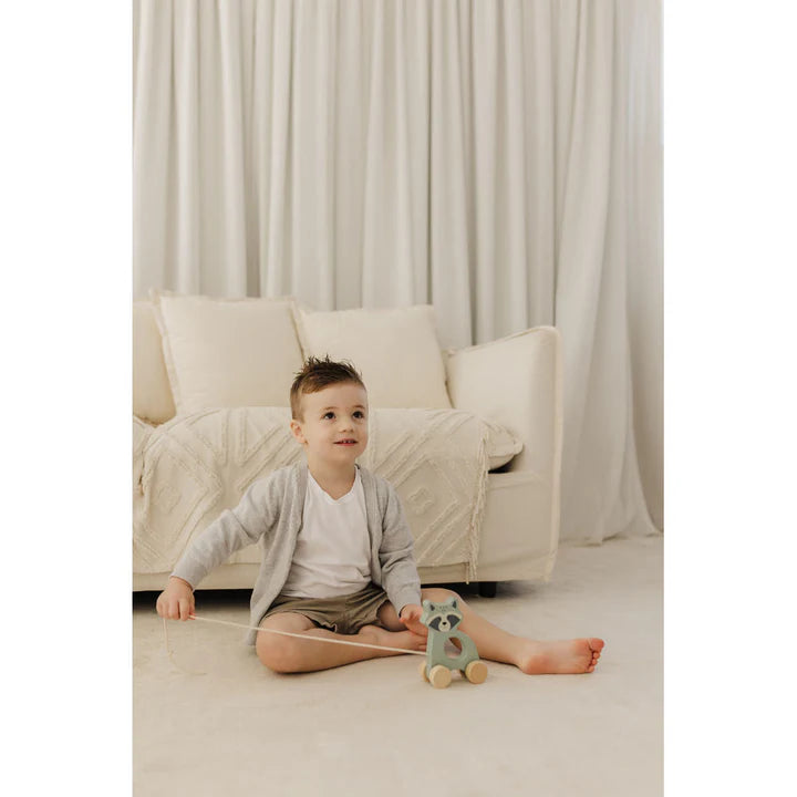 Child playing with a toy in a living room setting