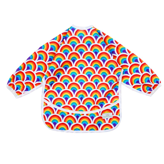 Bear & Moo Sleeved Bib in Rainbow Bright print