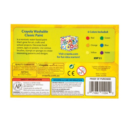 Crayola Washable Kids Paint Pots Classic Colours 6 Pack available at Bear & Moo