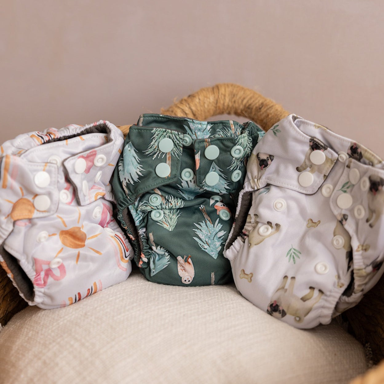 Bear & Moo Reusable Bamboo Charcoal and Microfibre Newborn Nappy in Pugs