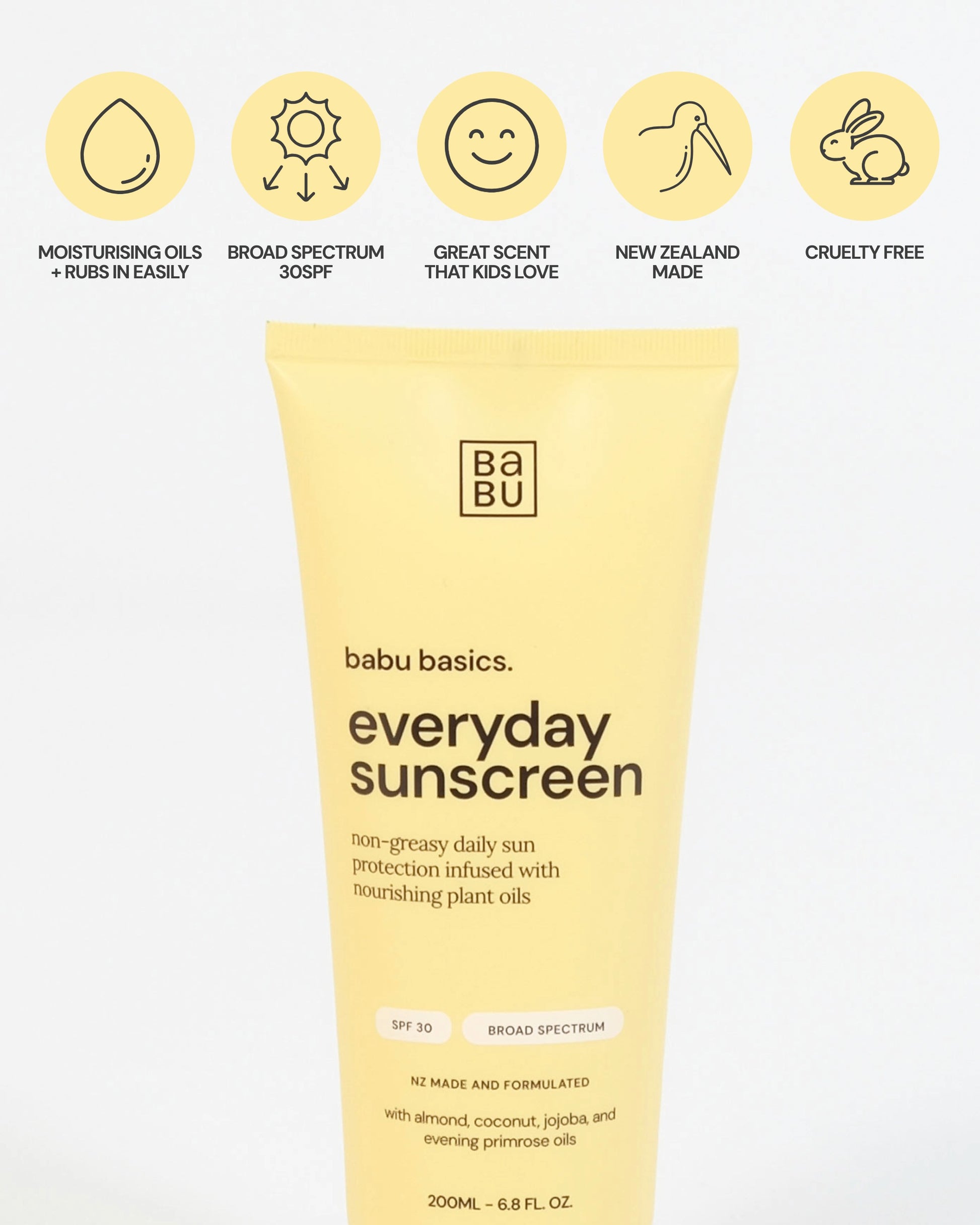 Babu Basics everyday sunscreen tube with icons and text on a white background