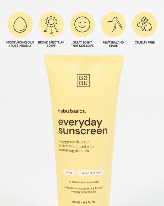 Babu Basics everyday sunscreen tube with icons and text on a white background