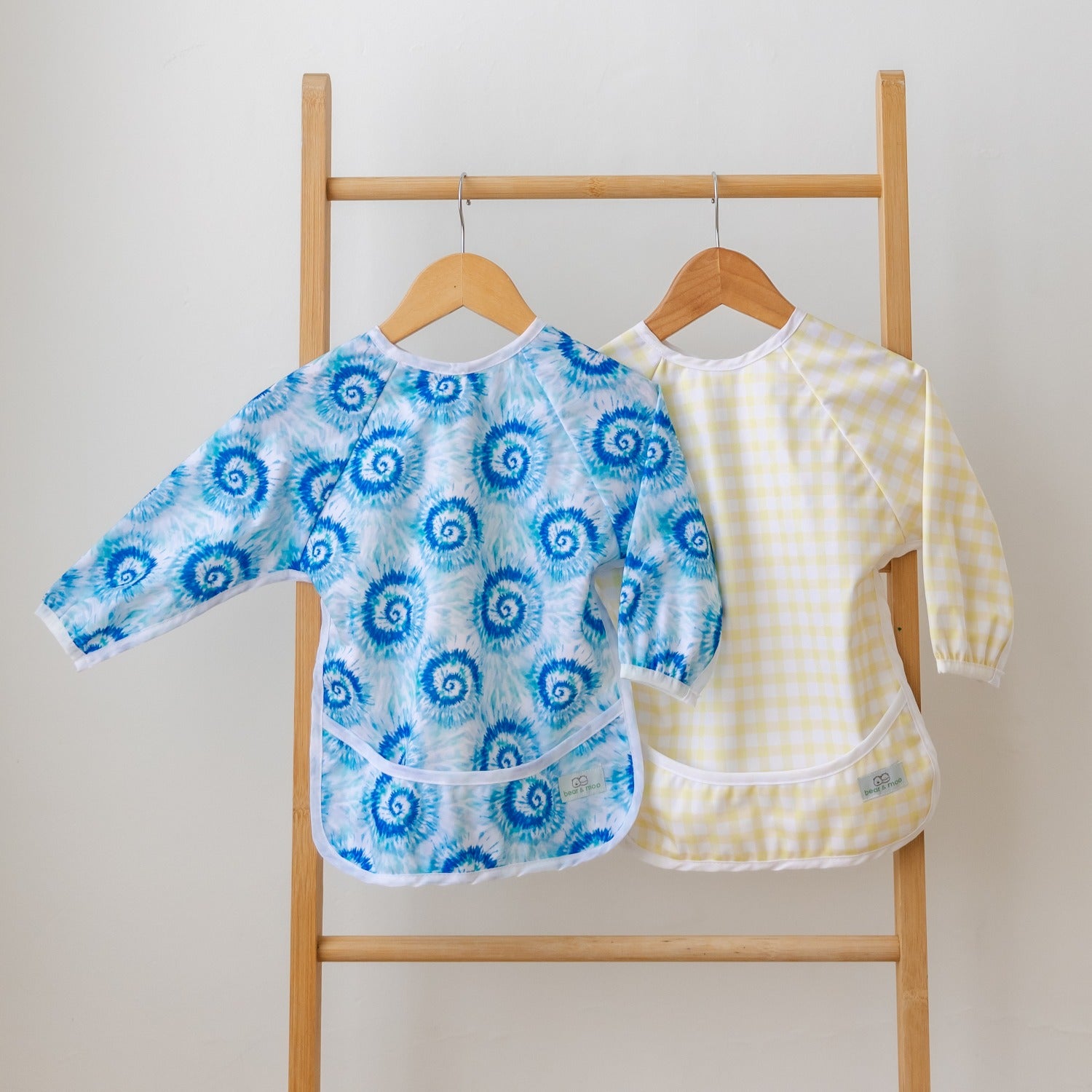 Bear & Moo Sleeved Bib in Tie Dye Blues & Lemonade Gingham prints