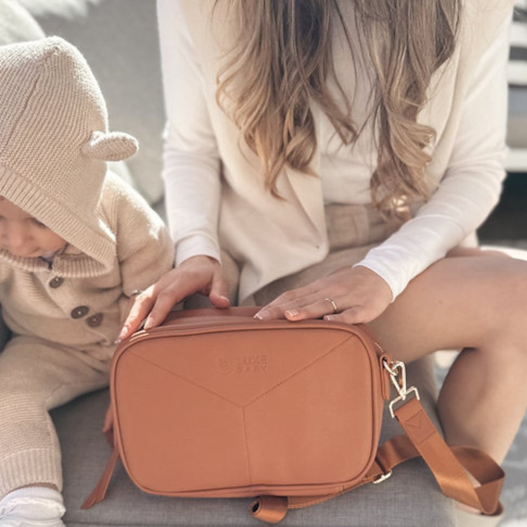 Luxe Baby Freya Crossbody Bag in Tan available at Bear & Moo