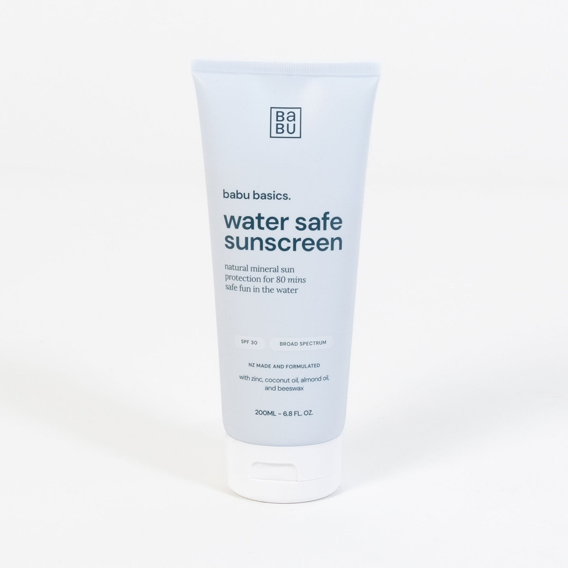 Babu Basics water safe sunscreen tube on a white background