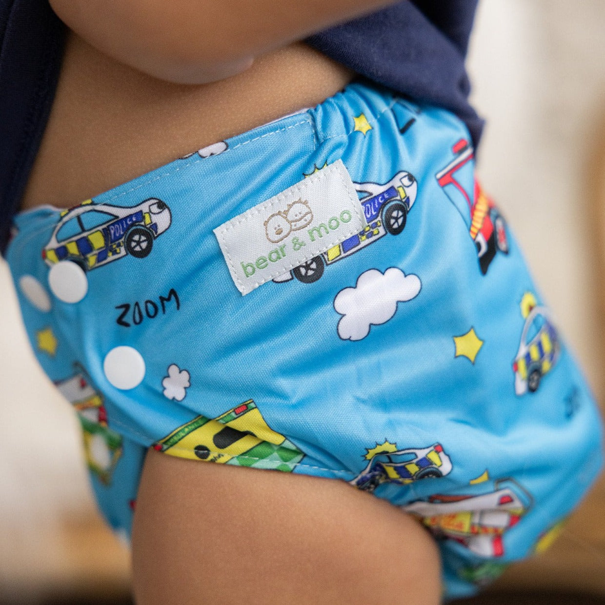 Bear & Moo Reusable Cloth Nappy | One Size Fits Most in NZ Emergency Vehicles print
