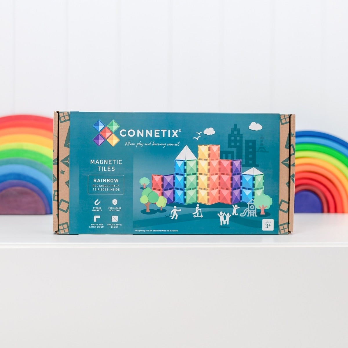 CONNETIX Magnetic Tiles 18 Piece Rainbow Rectangle Pack available at Bear & Moo