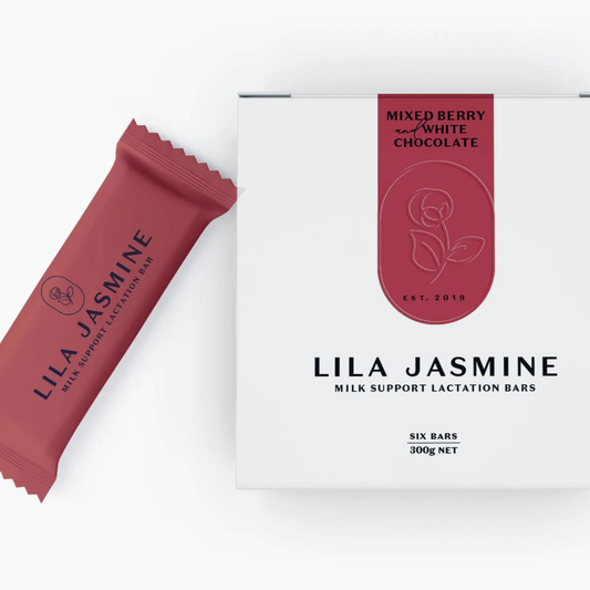 Lila Jasmine Lactation Bar | Berry and White Choc Milk Support Lactation Bars available at Bear & Moo