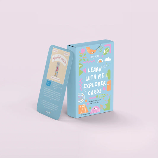 Educational card set packaging with colourful illustrations on a light purple background