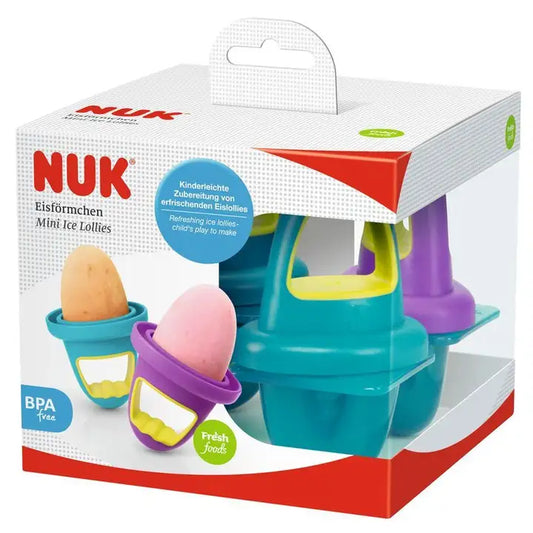 NUK mini ice lollies packaging with colorful ice lollie molds on a white background