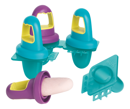 Set of colorful popsicle molds with a popsicle on a white background