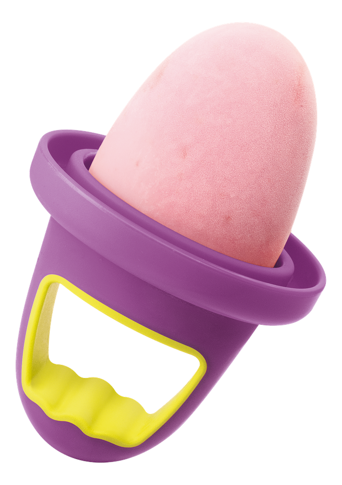 Pink ice cream in a purple and yellow holder on a white background