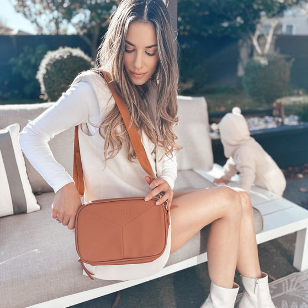 Luxe Baby Freya Crossbody Bag in Tan available at Bear & Moo