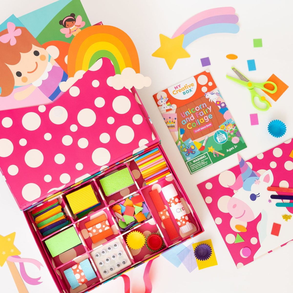 My Creative Box Unicorn and Fairy Collage Sensory Craft Box, open box showing collage materials