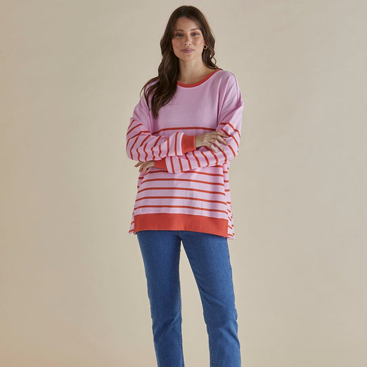 Betty Basics Easy Crew Sweater | Pink/Orange Stripe available at Bear & Moo