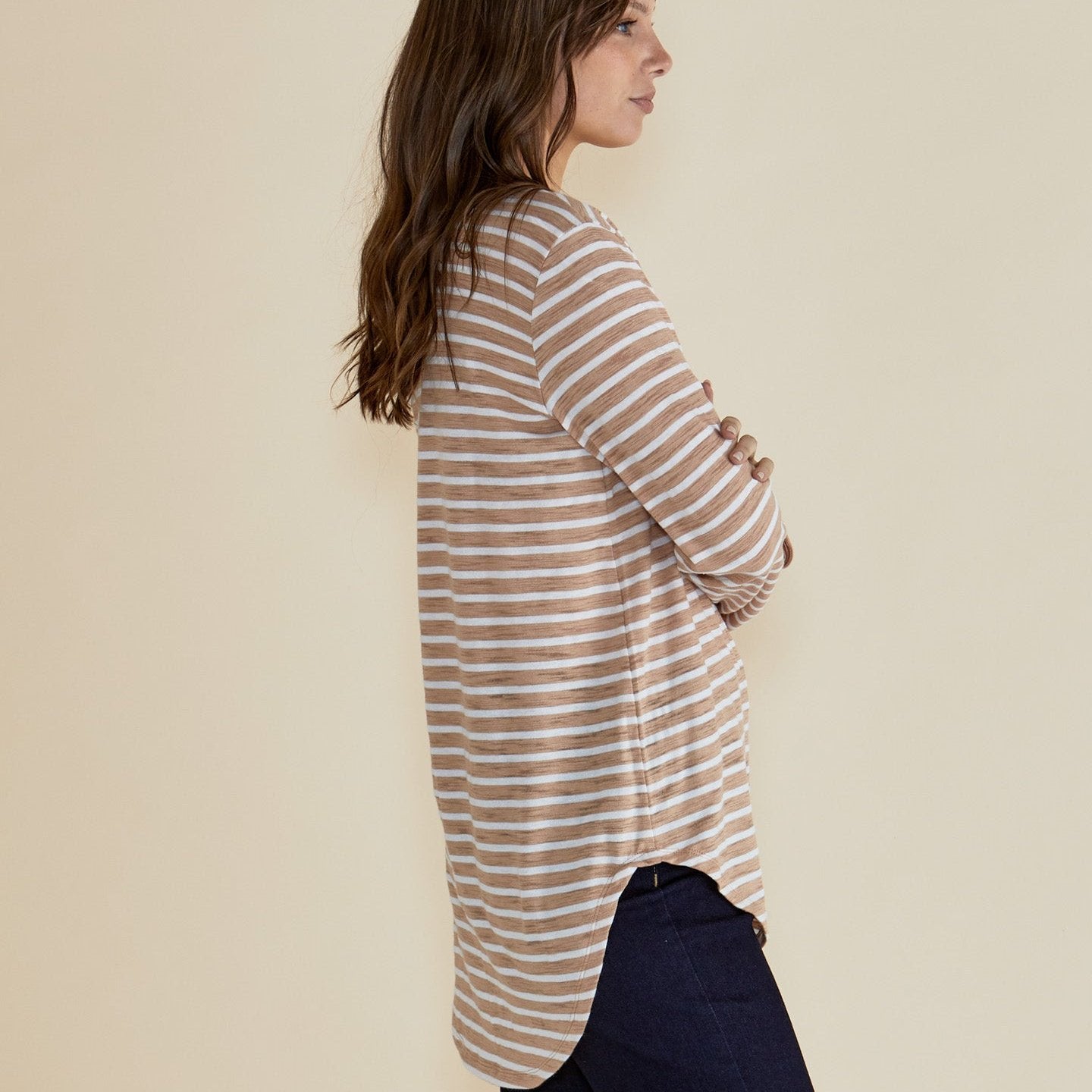 Betty Basics Megan Long Sleeve Top | Beige Stripe available at Bear & Moo