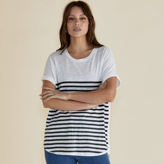 Hailey Short Sleeve Tee | White/Black Stripe available at Bear & Moo